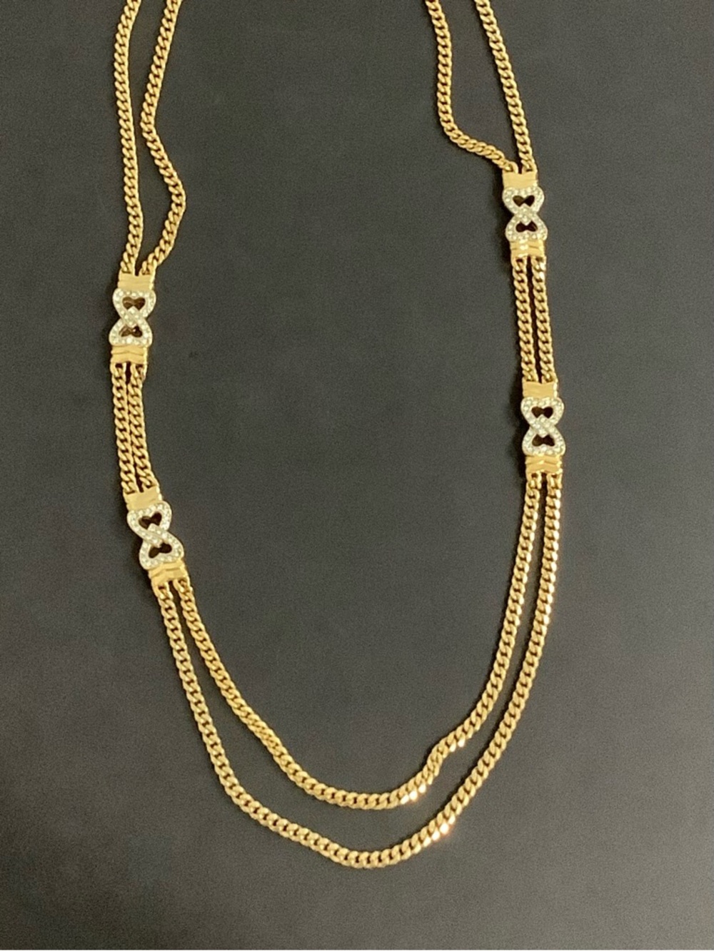 Vtg. Park Lane Double Chain Gold tone Finish Necklace Double Hearts w/Crystals